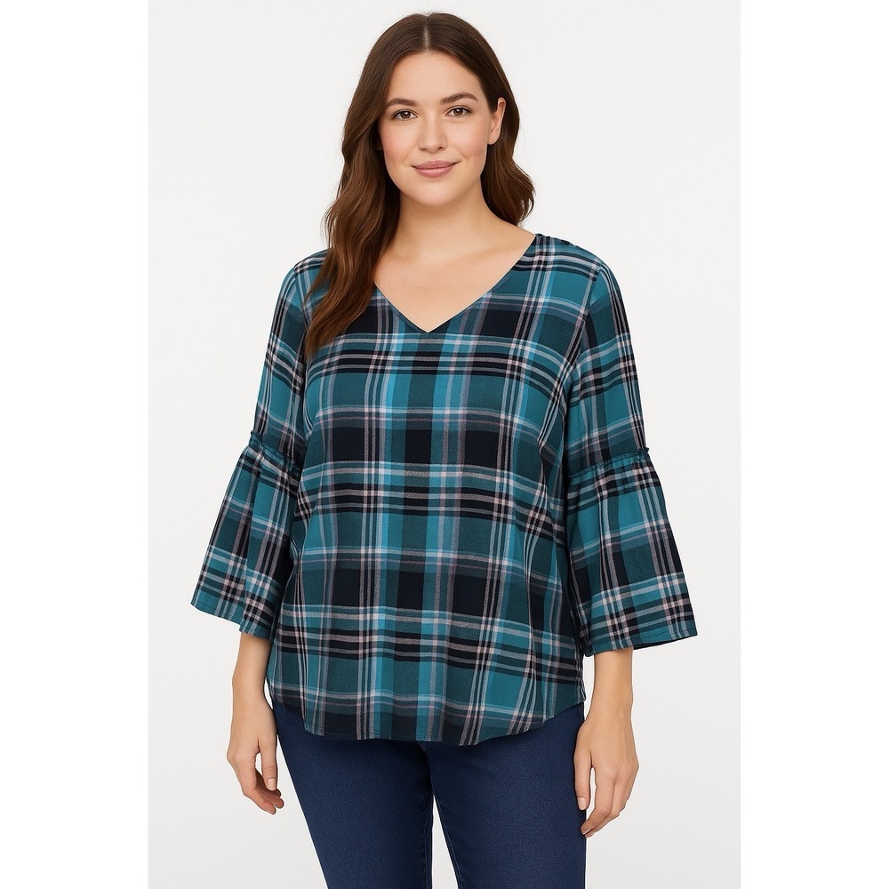 Counterparts Womens Size XL Blue Plaid Woven V-neck Blouse 3/4 Bell Sleeve